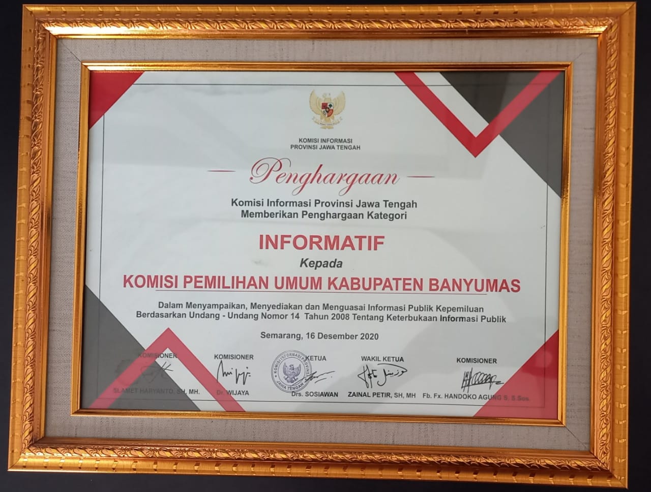 Penghargaan Badan Publik Informatif tahun 2020 dari Komisi Informasi Provinsi Jawa Tengah